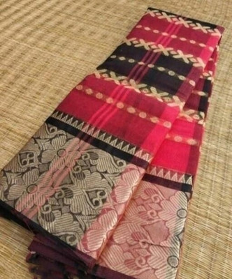 Ghosh handloom Self Design Tant Pure Cotton Saree(Red, Black)