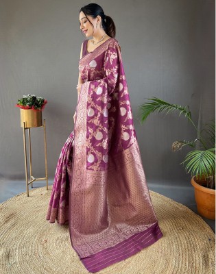 Satrani Dyed, Woven, Embellished Banarasi Silk Blend Saree(Magenta, Gold, Silver)