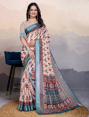 HangerStories Woven Kanjivaram Pure Cotton, Cotton Linen Saree(White)