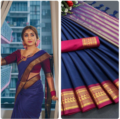looknchoice Woven Banarasi Silk Blend Saree(Blue)