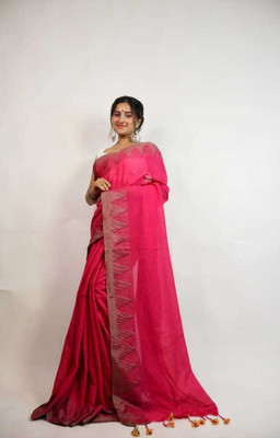 S G SAREES Solid/Plain, Woven, Temple Border Handloom Handloom Cotton Blend Saree(Pink)
