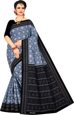 ARTFULTHREADS Printed Sambalpuri Pure Cotton Saree(Grey)