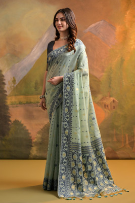PeachPetals Woven, Embroidered Banarasi Cotton Blend Saree(Light Green)