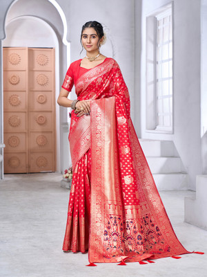 Gariya Fab Embellished Banarasi Silk Blend Saree(Red)