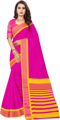 JS Clothing Mart Solid/Plain Banarasi Cotton Silk Saree(Pink, Yellow)