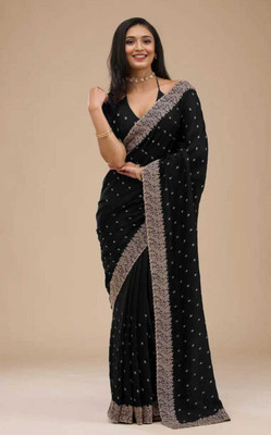 ShreeVastra Embroidered Bollywood Silk Blend Saree(Black)
