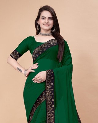 Dharam Creation Solid/Plain Bollywood Georgette Saree(Green)