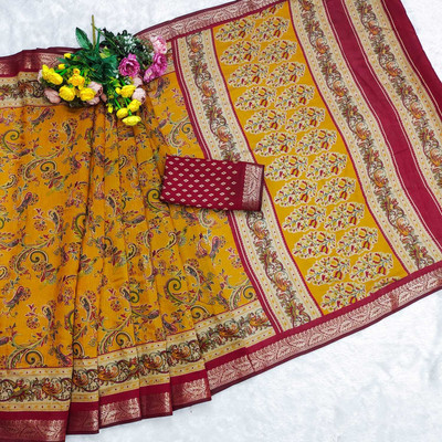 TALADARA Paisley, Floral Print, Printed, Woven, Embellished Bollywood Cotton Silk Saree(Yellow)