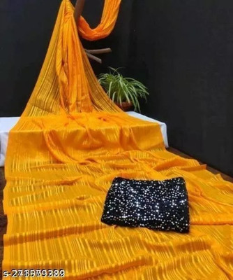 online bazaarr Striped Chanderi Chiffon Saree(Yellow)