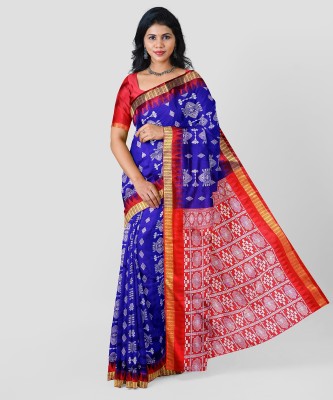 ZainR Temple Border, Woven Sambalpuri Cotton Silk Saree(Blue)