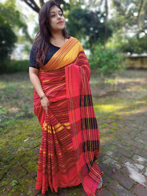 AMIT STORE Striped Handloom Cotton Blend Saree(Red)