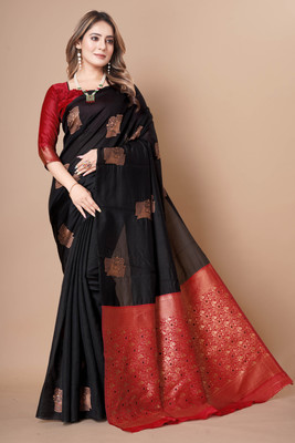 Indesa Floral Print Banarasi Silk Blend Saree(Black)