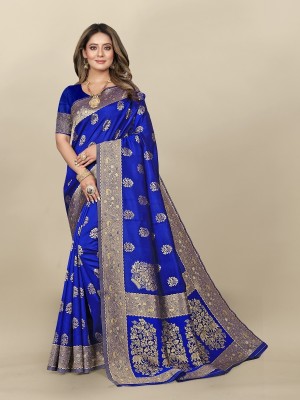 Hinayat Fashion Woven, Embellished, Embroidered, Printed, Self Design Kanjivaram Jacquard, Cotton Silk Saree(Light Blue)