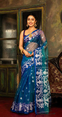 ADbutiq Digital Print Jamdani Handloom Muslin Saree(Blue)
