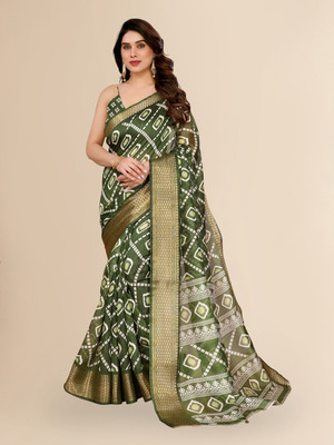 Bandhanivilla Printed Bandhani Cotton Blend Saree(Dark Green)