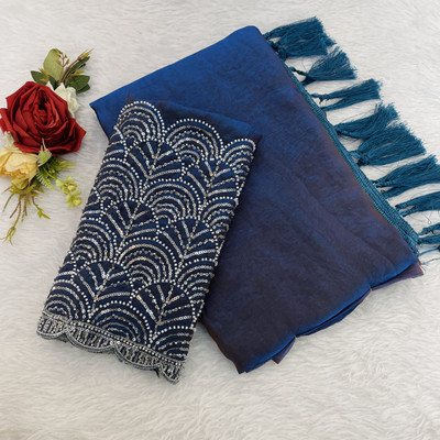 Ethina Fashion Embroidered Bollywood Silk Blend Saree(Blue)