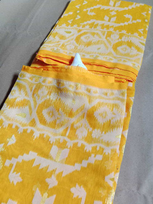 Soma Tant saree Mahal Self Design, Woven, Geometric Print Handloom Cotton Silk Saree(White)