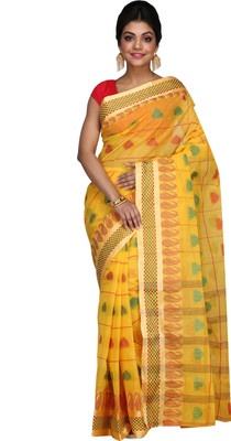 PuJoy Woven Tant Pure Cotton Saree(Yellow)