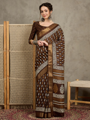 Tasrika Printed Chinnalapattu Silk Blend Saree(Brown)