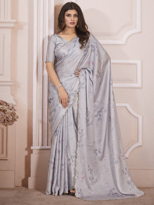 Sareemall Digital Print Bollywood Silk Blend Saree(Grey)