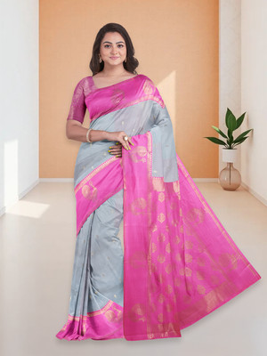 Ramraj Cotton Printed Saree with Attached Blouse Art Silk Saree(Grey)