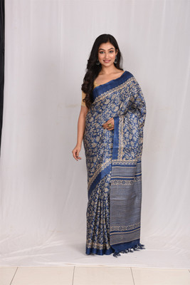 Jharcraft Blocked Printed Handloom Pure Silk Saree(Blue)