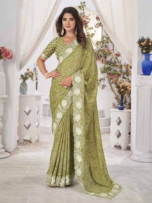 RekhaManiyar Printed Bollywood Georgette Saree(Dark Green)