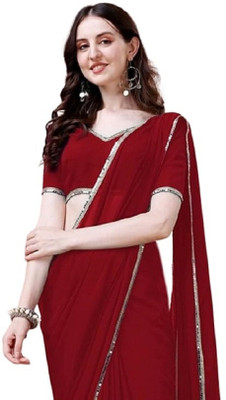 Sataz Solid/Plain Pre Draped Saree Georgette Saree(Maroon)