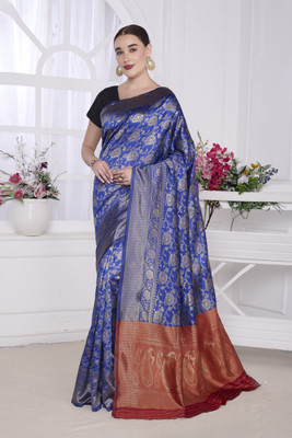 NPFASHION Printed Banarasi Cotton Silk Saree(Light Blue)