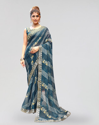 ANIRAV Printed Daily Wear Georgette, Lace Saree(Blue)