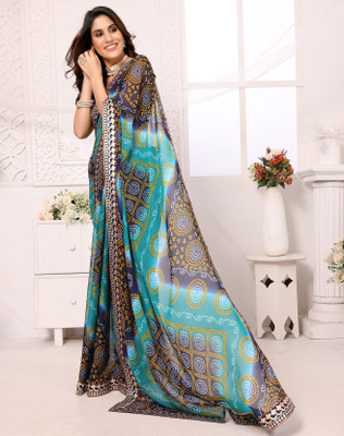 YASHIKA Printed Bollywood Georgette, Lace Saree(Blue)