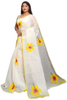 ANU INDIAN FASHION Floral Print Handloom Cotton Blend Saree(White, Yellow)