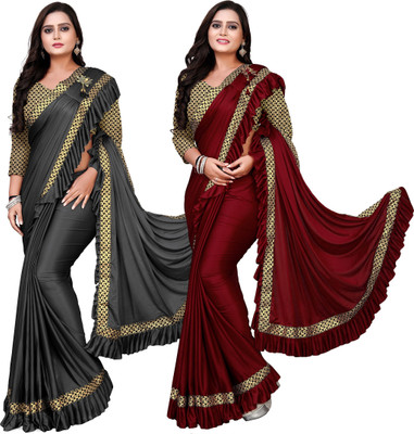 DECOFIN Woven, Solid/Plain Bollywood Lycra Blend Saree(Pack of 2, Red, Grey)