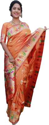 KAPANKU Self Design Paithani Pure Silk Saree(Orange)