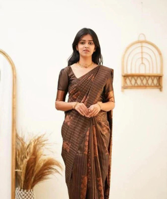 GARIYA Self Design Kanjivaram Cotton Silk Saree(Brown)