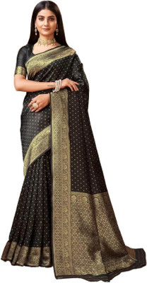 LAVISHBOI Solid/Plain Saree with Attached Blouse Art Silk Saree(Black, Gold)