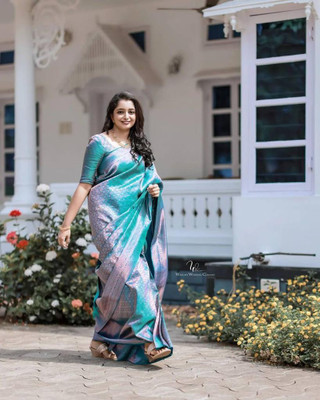 MIRMAN Striped Banarasi Pure Silk Saree(Light Blue)