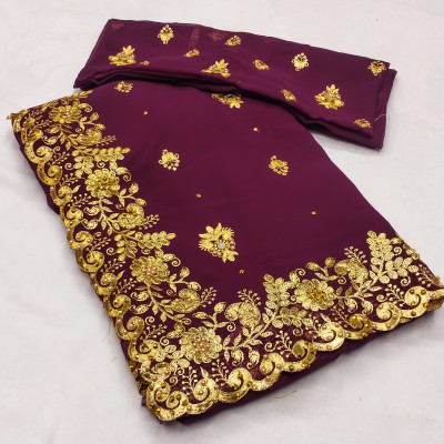 Radheradhey Embroidered, Floral Print Bollywood Georgette Saree(Purple)