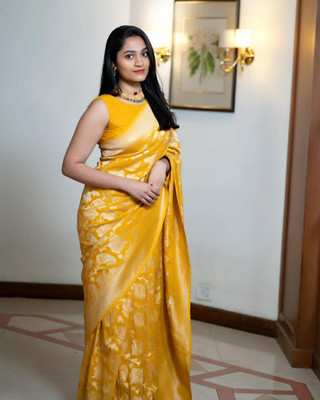 KAKADIYA Woven Kanjivaram Pure Silk Saree(Yellow)