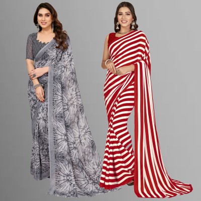 kashvi sarees Floral Print, Polka Print, Ombre, Printed Bollywood Georgette Saree(Pack of 2, Red, Grey)