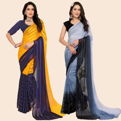 Anand Sarees Striped Bollywood Satin Saree(Pack of 2, Yellow, Blue, Grey, Black)