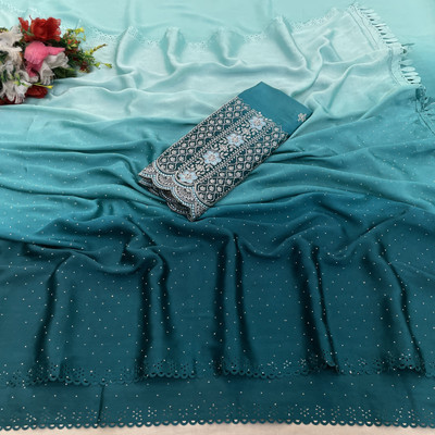 BELLETRENDZ Solid/Plain Bollywood Satin Saree(Light Blue)