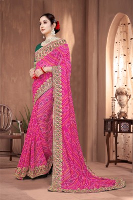 Dhyanvi Enterprise Embroidered, Floral Print Bandhani Georgette Saree(Pink)