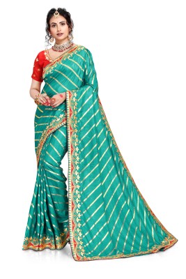 TINA FASHION Striped Bollywood Silk Blend Saree(Green)