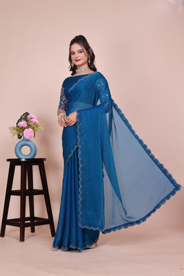 V AMAN FASHION Solid/Plain, Self Design, Embroidered Bollywood Chiffon, Jimmy choo Saree(Blue)