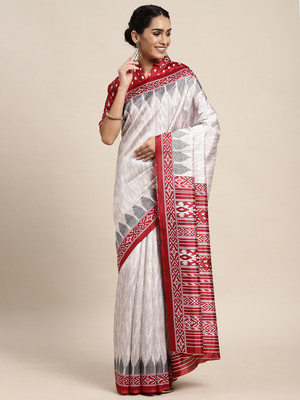 Divastri Printed Ikkat Silk Blend Saree(Cream)