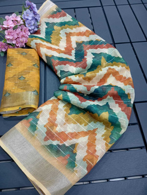 MAANVIT Self Design Bollywood Cotton Silk, Cotton Linen Saree(Yellow)