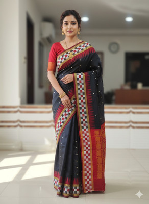 AJMERA FAISHON Temple Border Sambalpuri Cotton Blend Saree(Black)