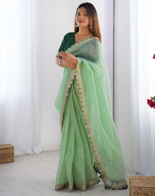 SIRIL Solid/Plain, Embellished Bollywood Jimmy choo, Net Saree(Green)
