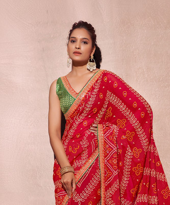 Satrani Printed, Embroidered, Embellished Bollywood Chiffon, Georgette Saree(Red, Cream, Orange)